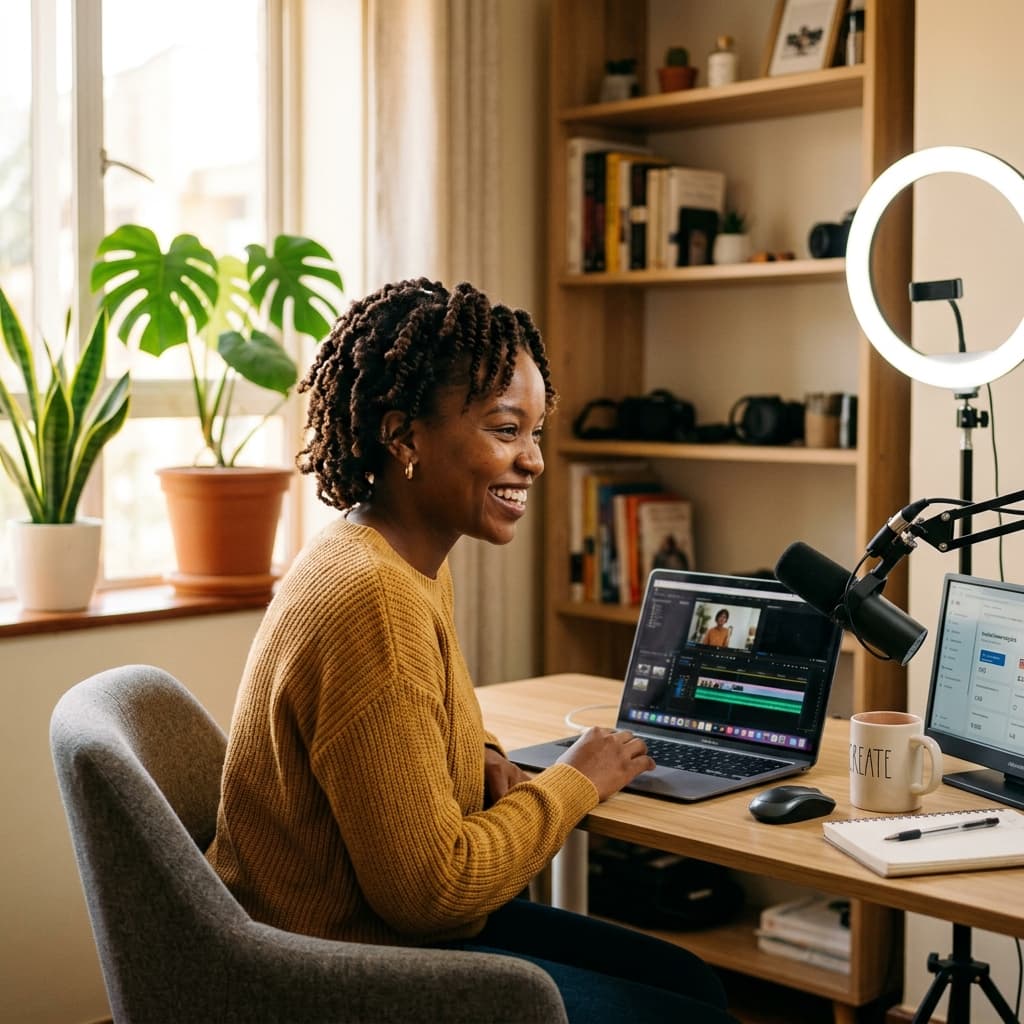 African female content creator at her laptop