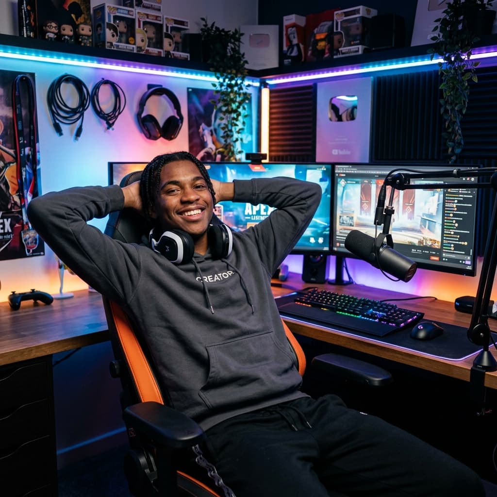 African male YouTuber at a dual monitor setup